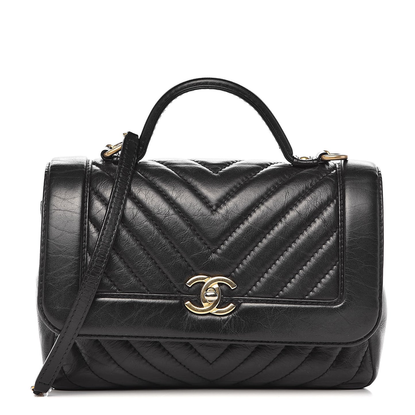 Calfskin Chevron Quilted Top Handle Flap Black