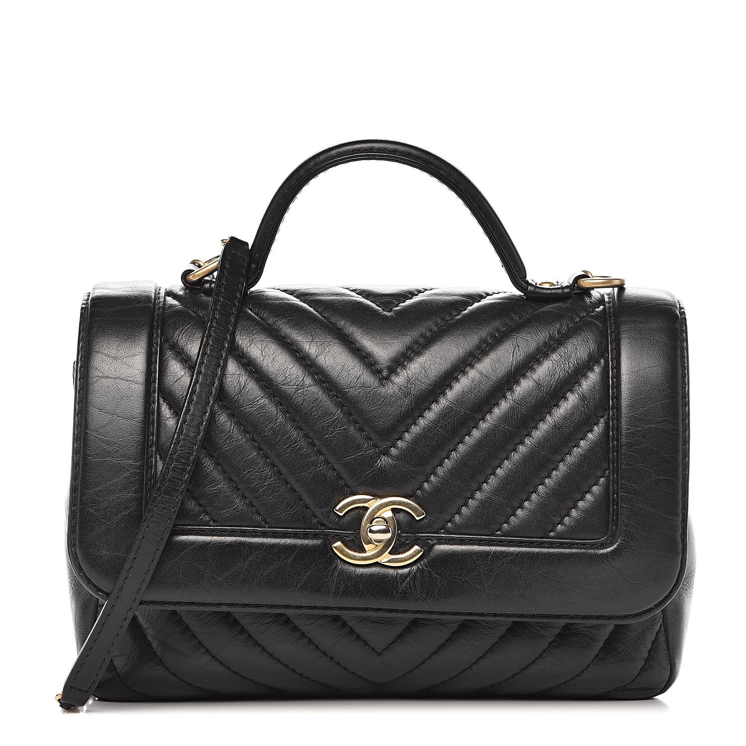 Chanel Calfskin Chevron Quilted Top Handle Flap Black 1 of 13