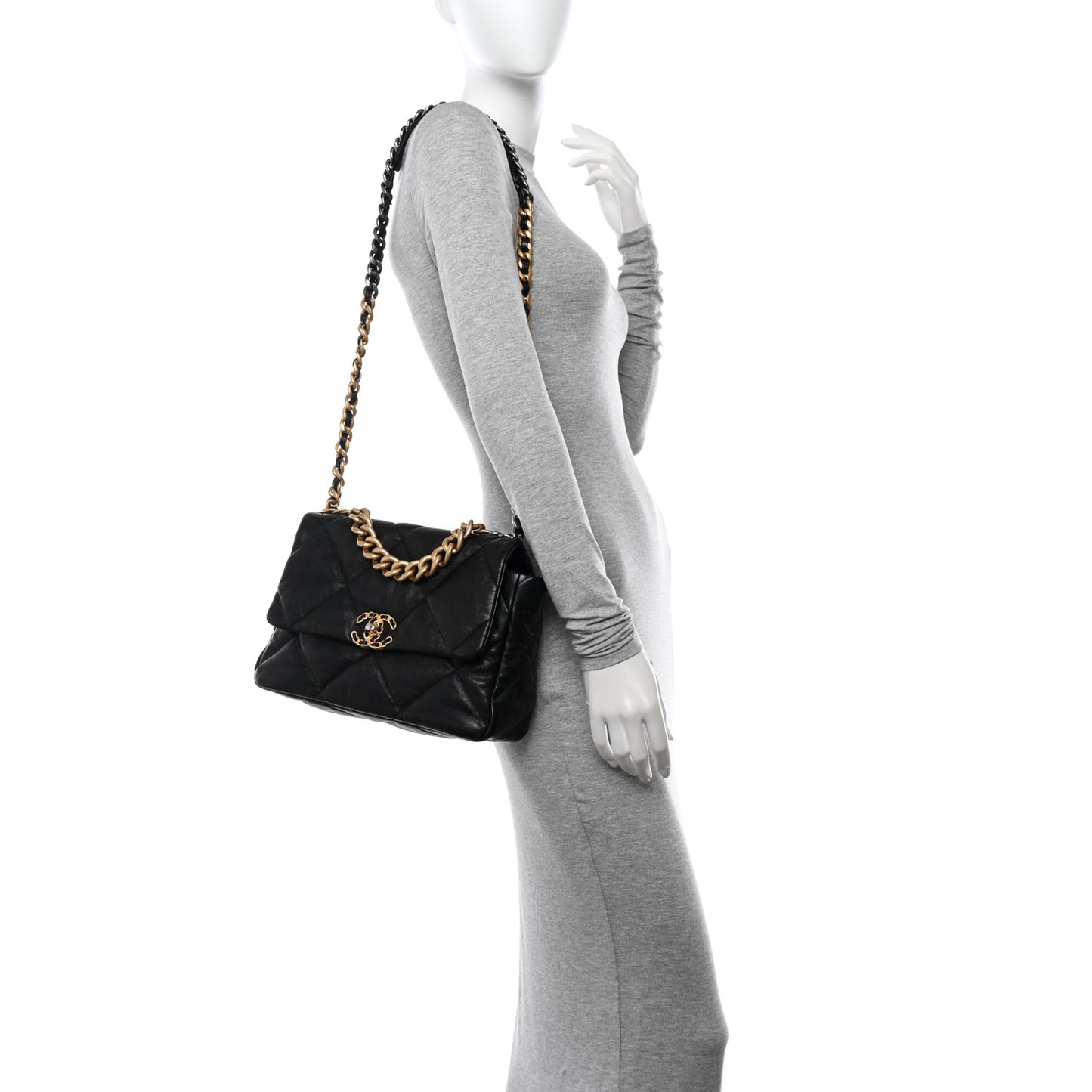 Shiny Goatskin Quilted Large Chanel 19 Flap Black