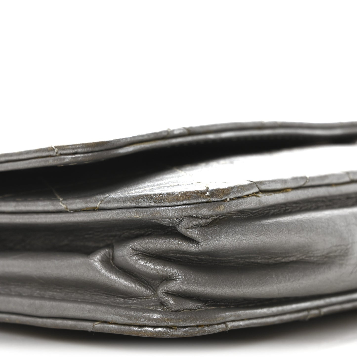 Metallic Aged Calfskin Quilted Wallet on Chain WOC Silver