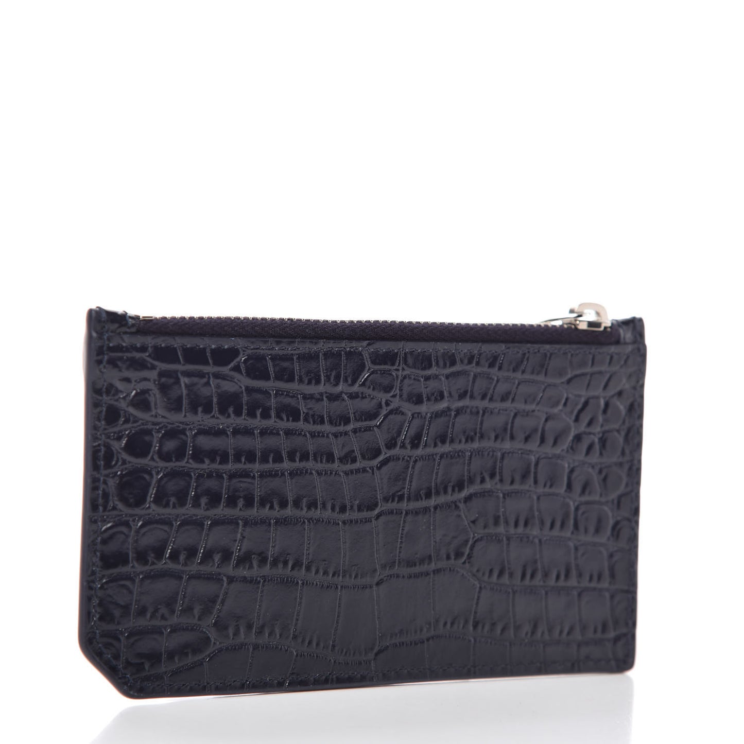Calfskin Crocodile Embossed 5 Fragments Zip Pouch Card Holder Blue Marine
