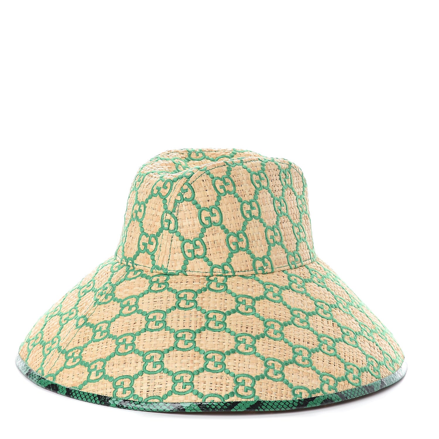 Gucci Raffia Elaphe GG Monogram Embroidered Wide Brim Hat Ivory Dark Green 1 of 6