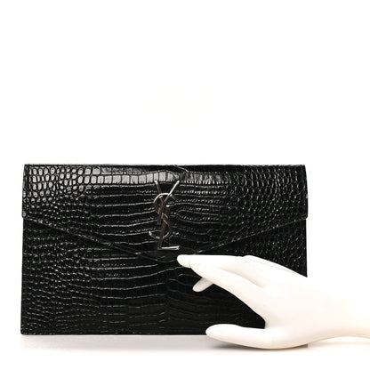 Saint Laurent Calfskin Crocodile Embossed Uptown Monogram Pouch Black 2 of 8