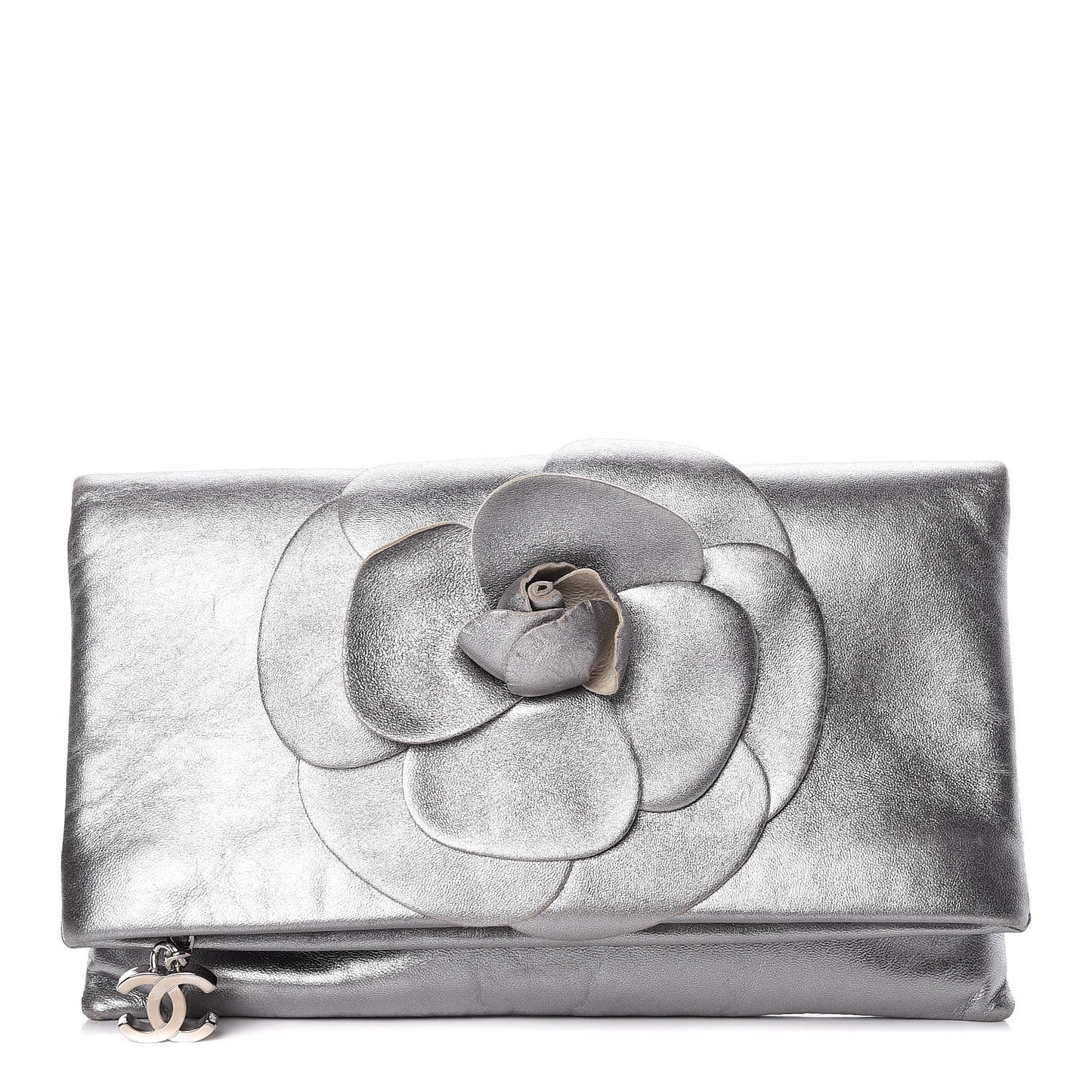 Metallic Lambskin Camellia Beauty Clutch Silver
