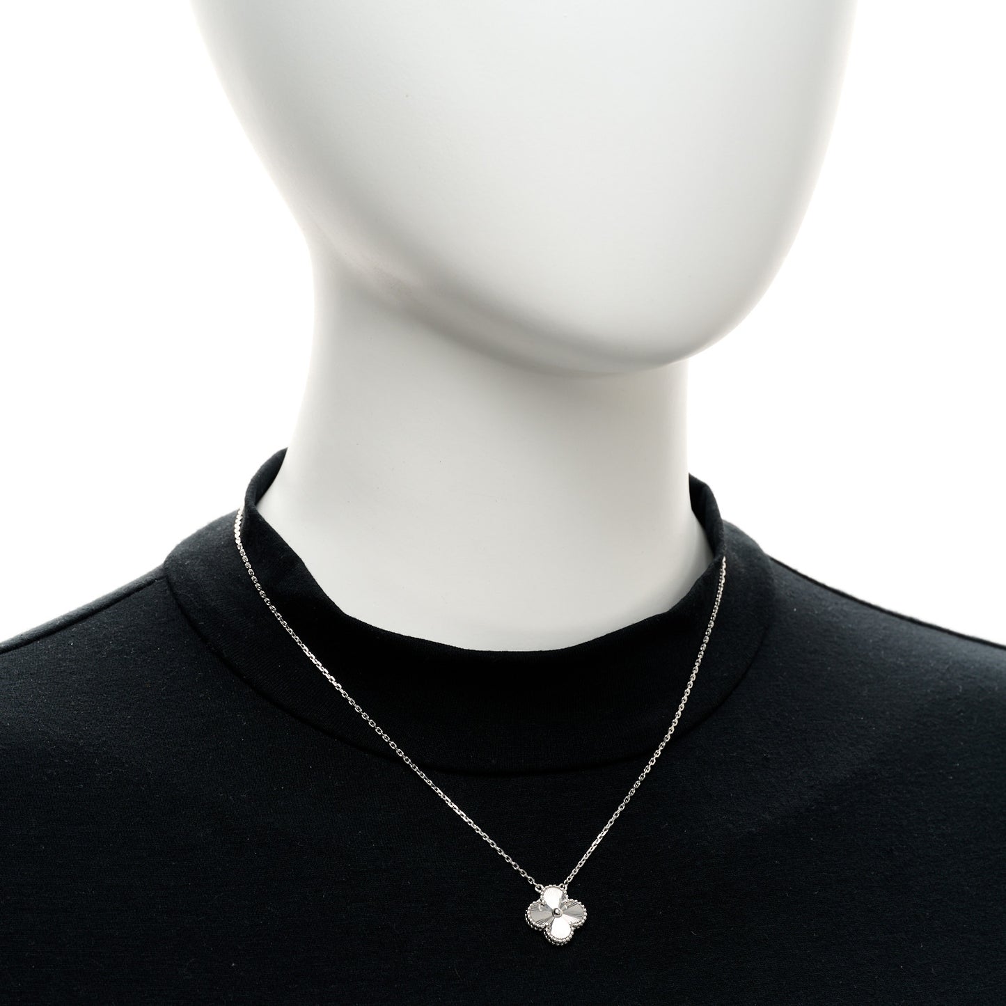 18K White Gold Guilloche Vintage Alhambra Pendant Necklace
