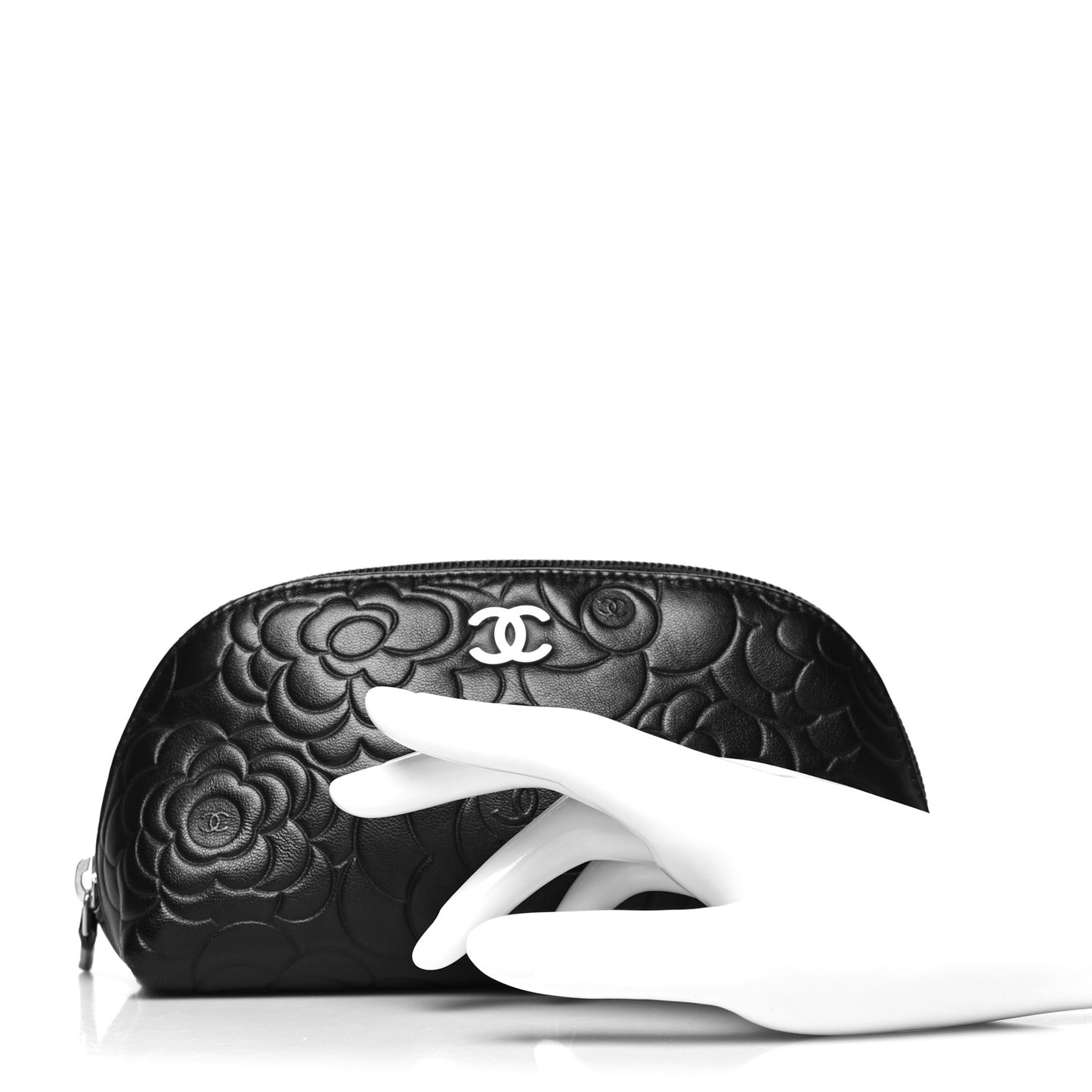 Lambskin Camellia Embossed Cosmetic Case Black