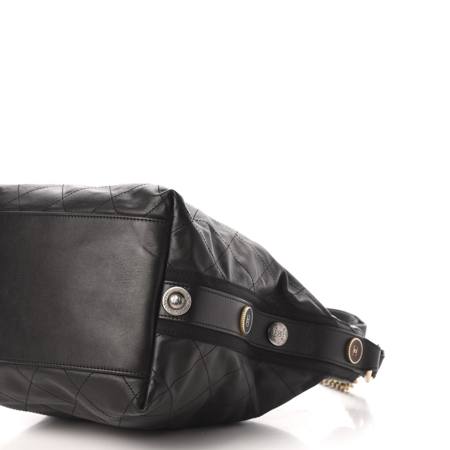 Calfskin Stitched Large Button Up Hobo Black