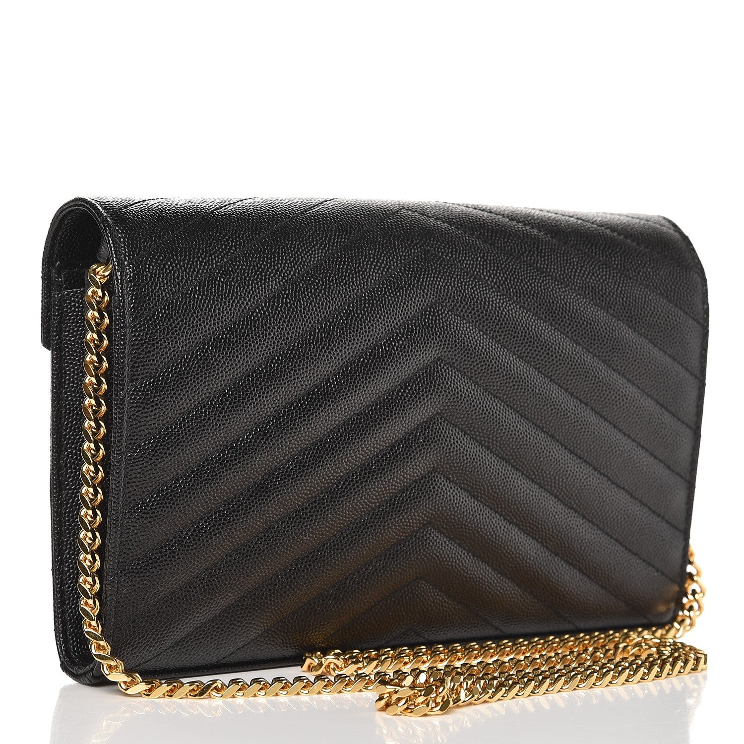 Saint Laurent Grain De Poudre Matelasse Chevron Monogram Chain Wallet Black 3 of 6