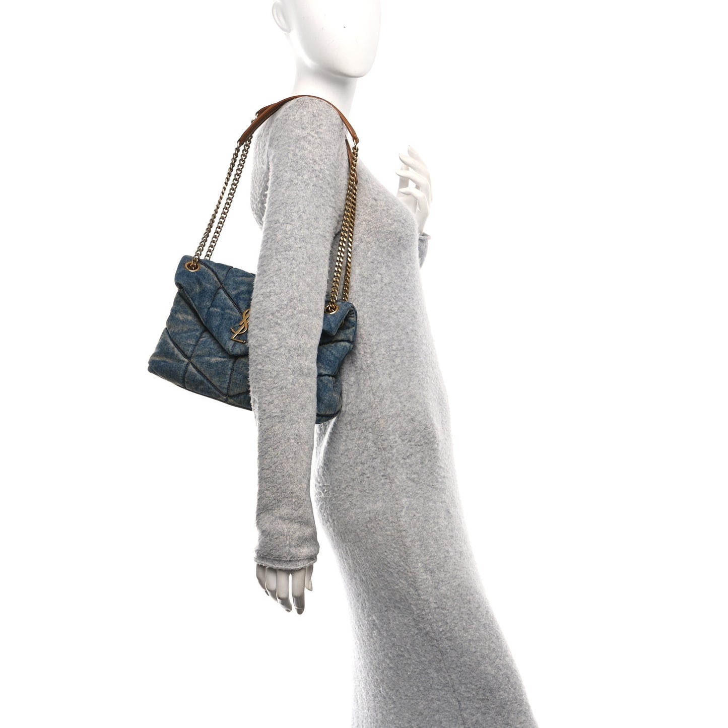 Denim Quilted Small Loulou Puffer Monogram Chain Satchel Blue Cinnamon