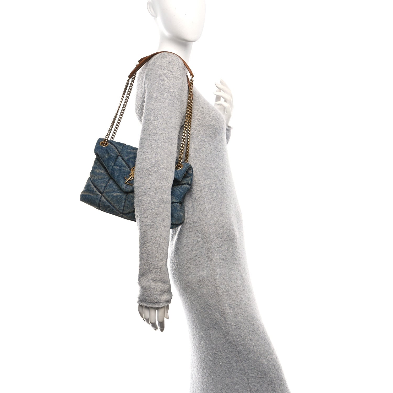 Saint Laurent Denim Quilted Small Loulou Puffer Monogram Chain Satchel Blue Cinnamon 2 of 11