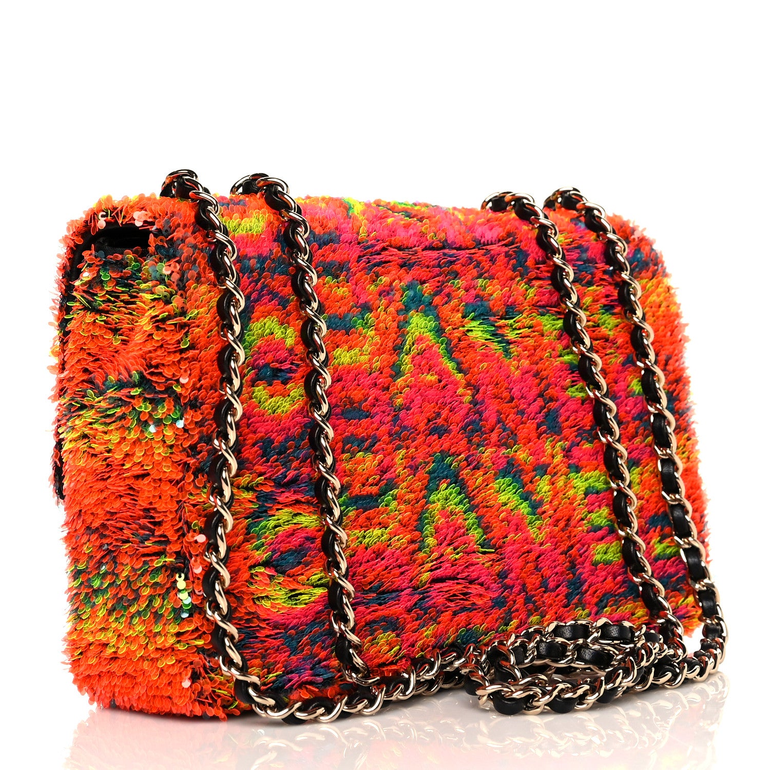 Chanel Sequin Logo Single Flap Orange Turquoise Pink 3 of 10