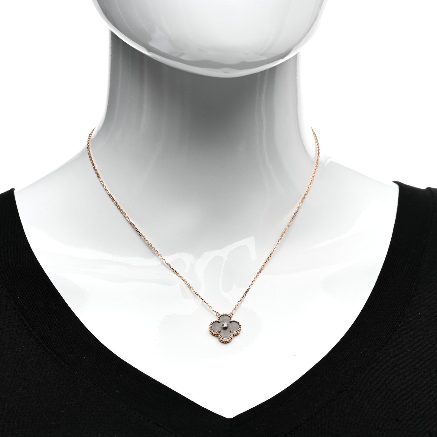 18K Rose Gold Diamond Silver Obsidian Vintage Alhambra Pendant Necklace