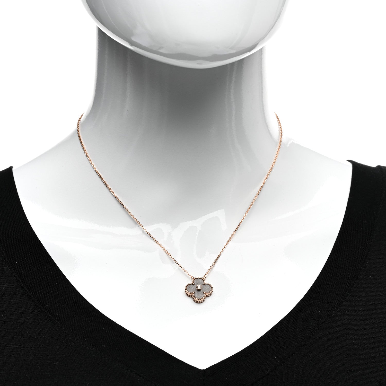 Van Cleef & Arpels 18K Rose Gold Diamond Silver Obsidian Vintage Alhambra Pendant Necklace 2 of 5