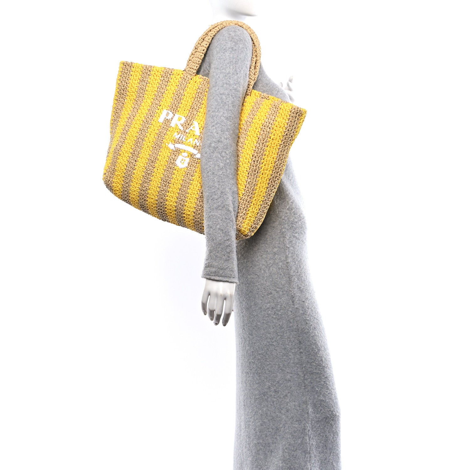 Prada Yarn Raffia Effect Crochet Striped Large Logo Tote Naturale Giallo 3 of 9