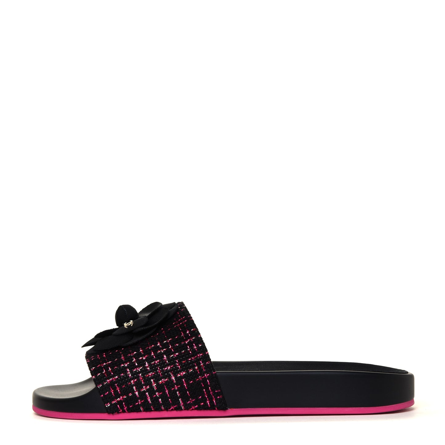 Tweed Grosgrain Camellia CC Flat Mules 40 Black Pink