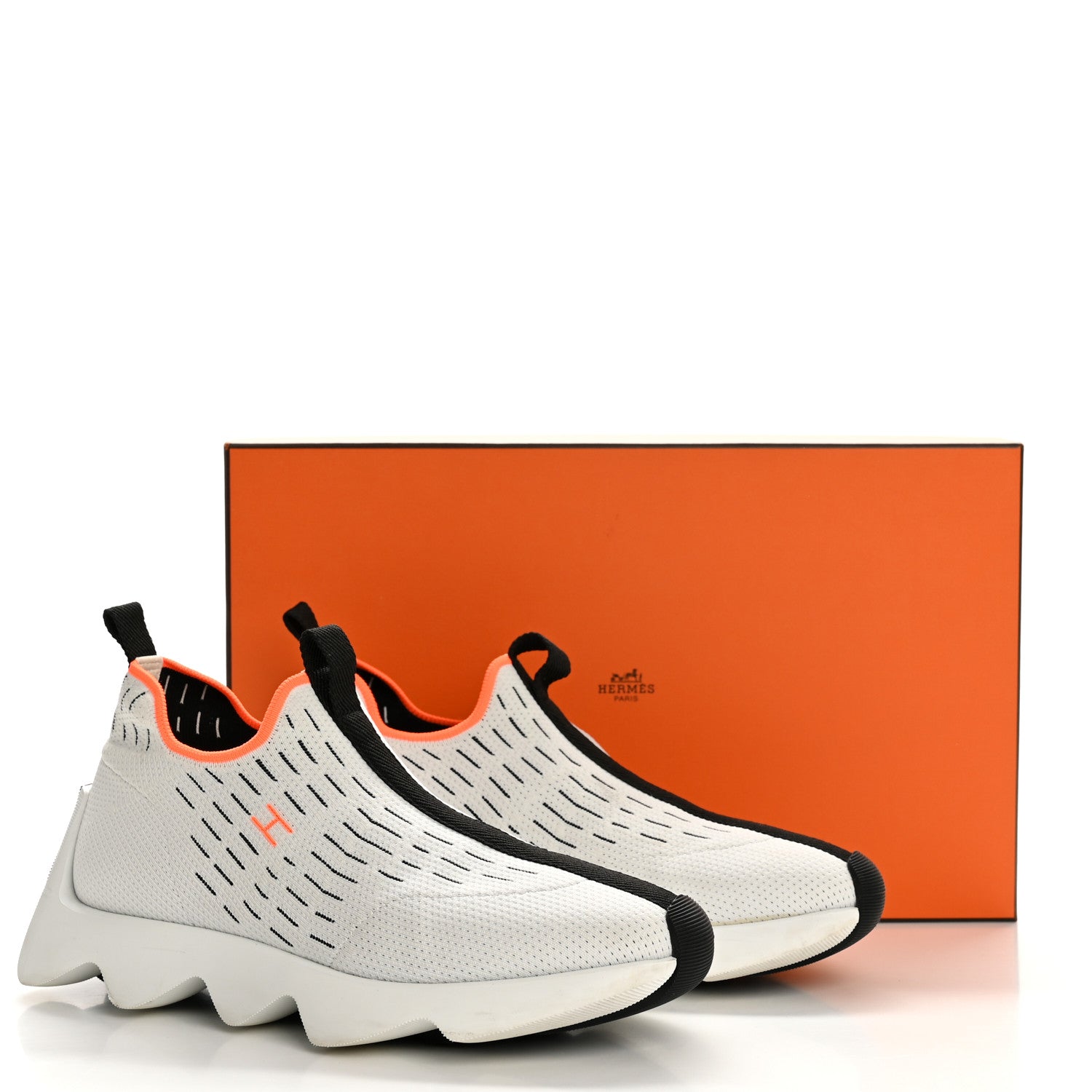 Hermes Technical Canvas Goatskin Womens Eclair Sneakers 37.5 White Orange 10 of 10