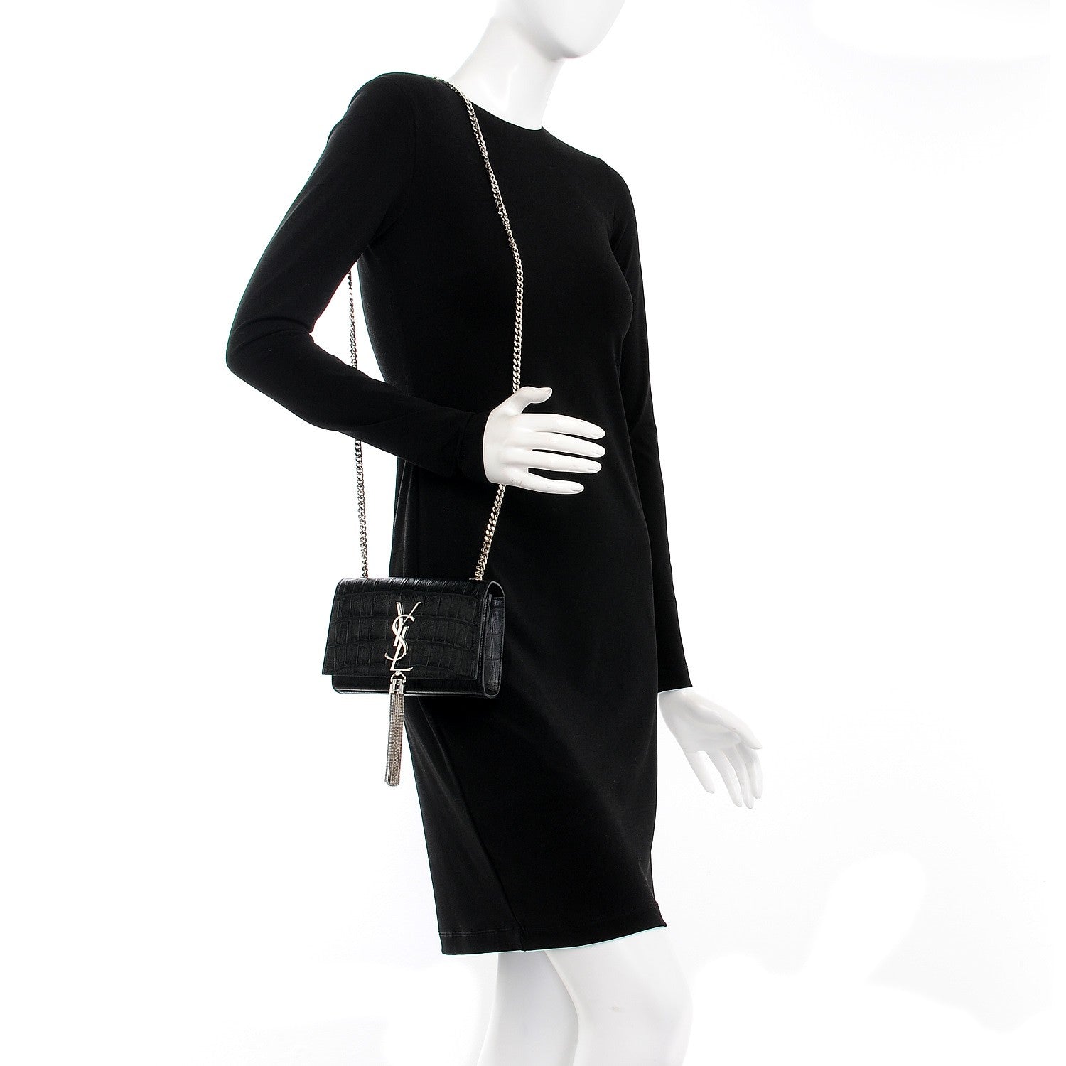 Saint Laurent Calfskin Crocodile Embossed Small Classic Monogram Tassel Satchel Black 2 of 6