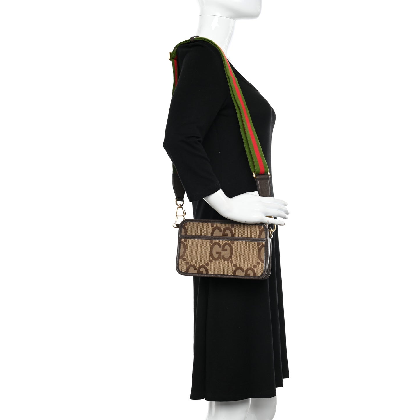 Monogram Jumbo GG Textured Dollar Calfskin Web Mini Crossbody Bag Camel Ebony New Acero