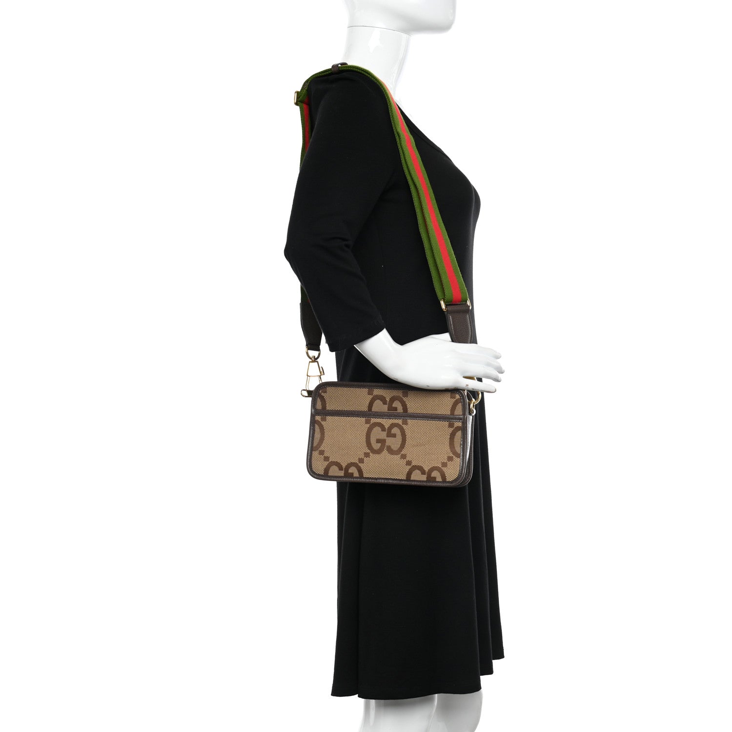 Gucci Monogram Jumbo GG Textured Dollar Calfskin Web Mini Crossbody Bag Camel Ebony New Acero 2 of 8