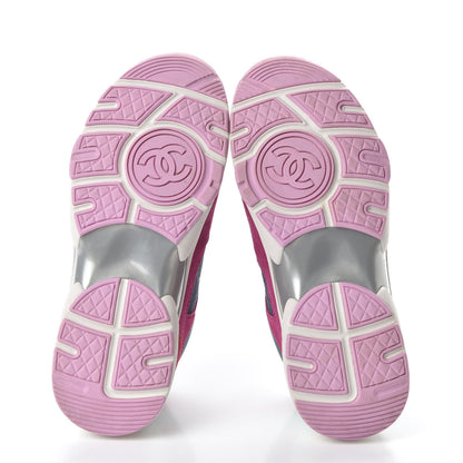 Chanel Nylon Lambskin Suede Calfskin CC Sneakers 36 Pink Green 5 of 9