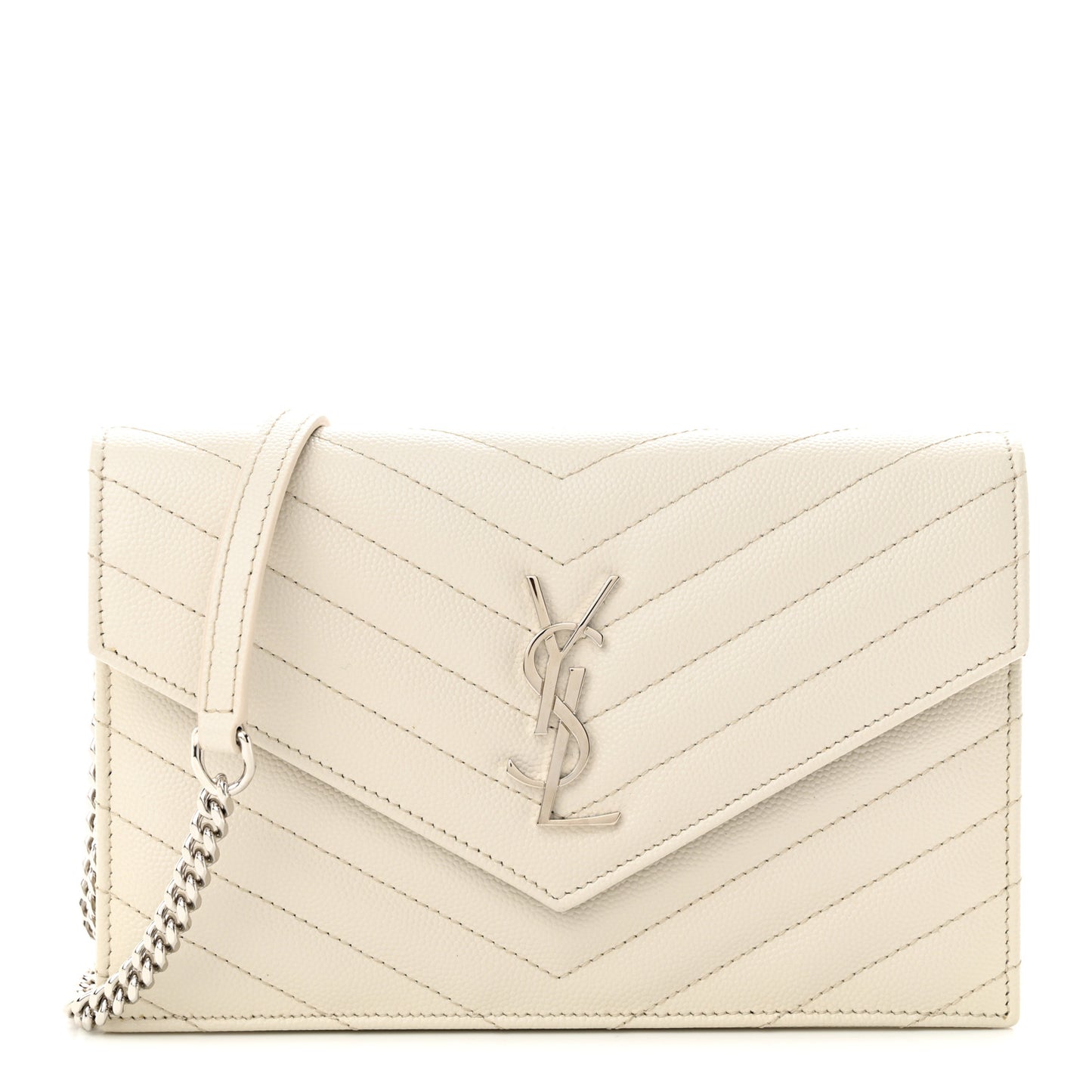 Grain De Poudre Matelasse Chevron Monogram Envelope Chain Wallet Icy White