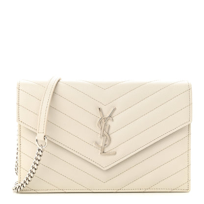 Saint Laurent Grain De Poudre Matelasse Chevron Monogram Envelope Chain Wallet Icy White 1 of 10