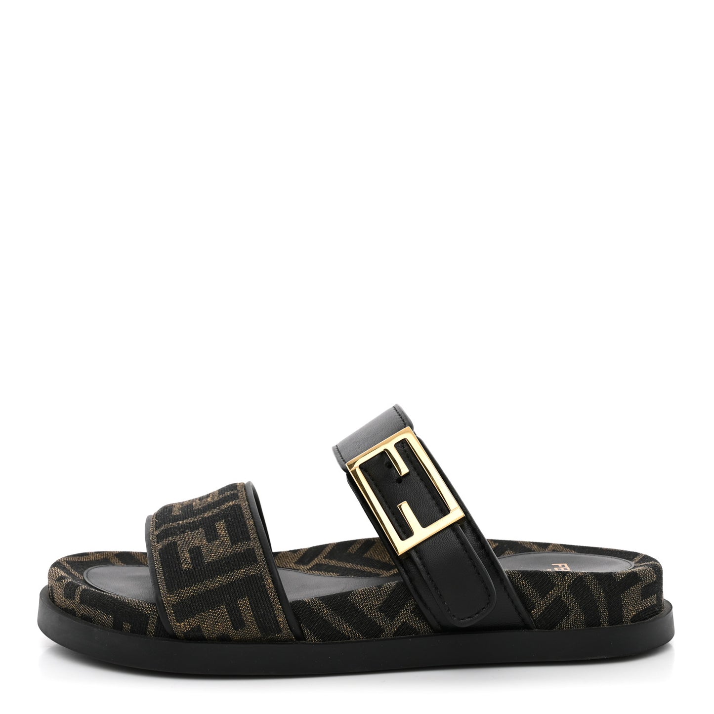 Fabric Jacquard Nappa FF Womens Fendi Feel Buckled Slide Sandals 37 Tobacco Black