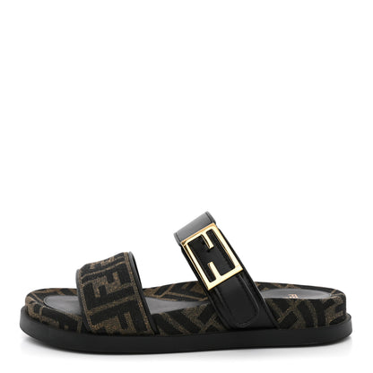 Fendi Fabric Jacquard Nappa FF Womens Fendi Feel Buckled Slide Sandals 37 Tobacco Black 1 of 10