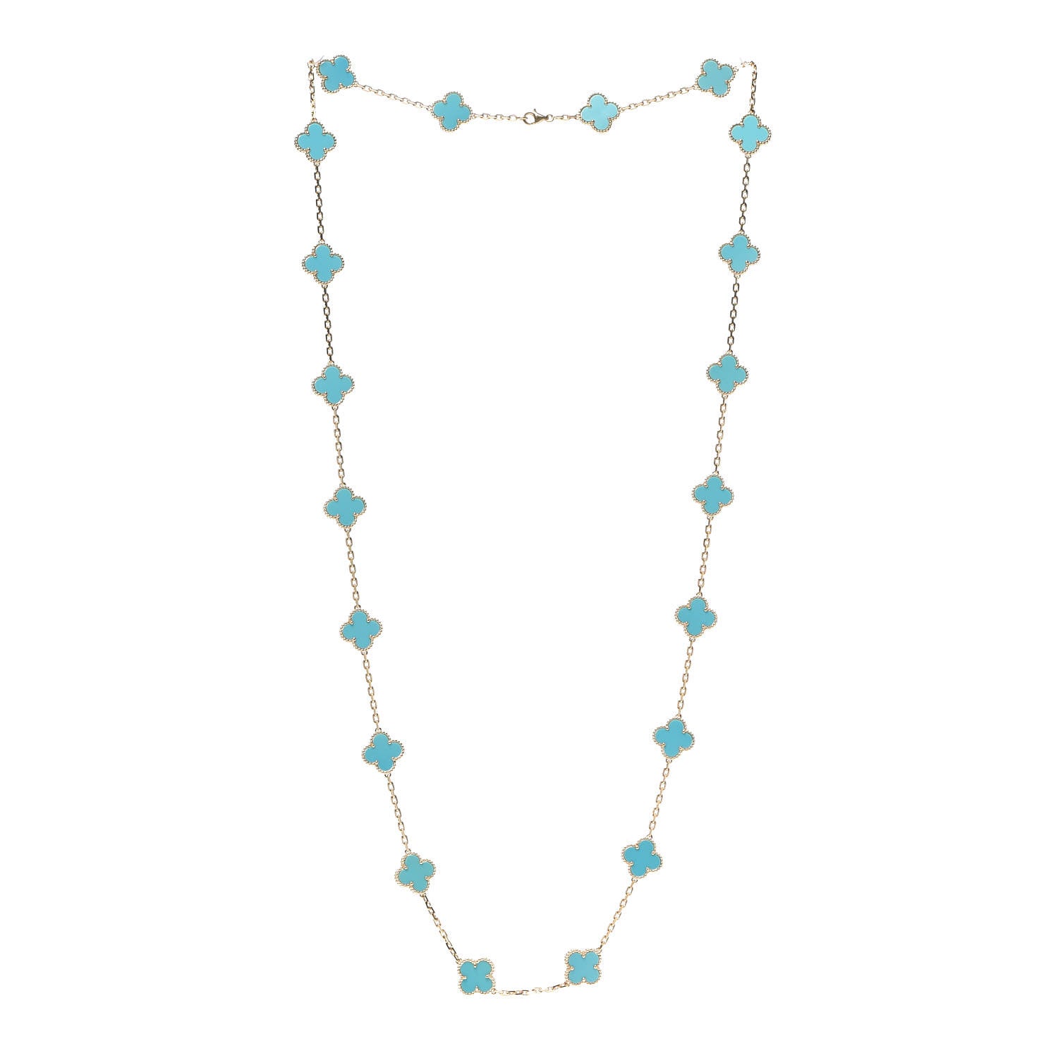 Van Cleef & Arpels 18K Yellow Gold Turquoise 20 Motifs Vintage Alhambra Necklace 3 of 8