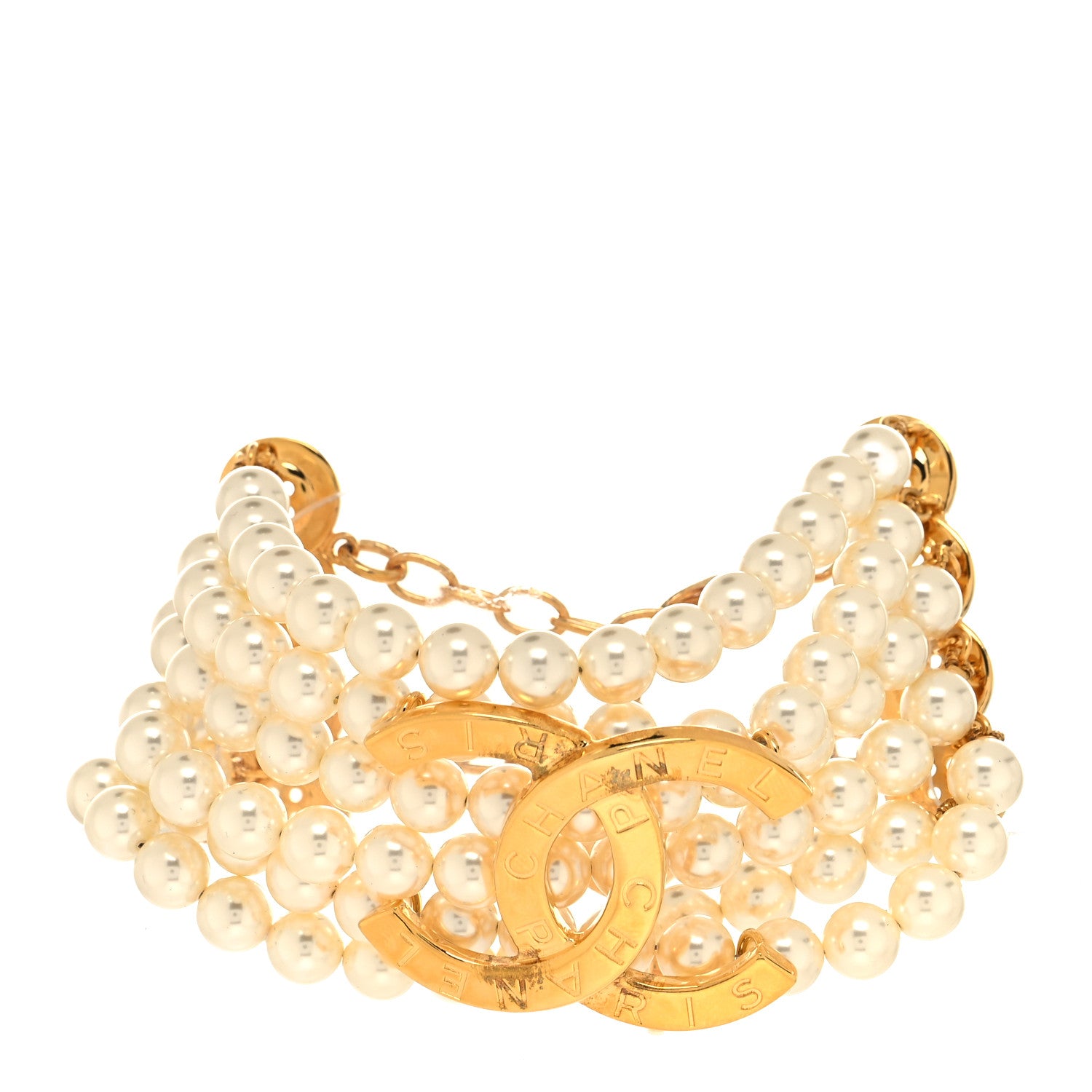 Chanel Pearl Metal CC Paris Button Multistrand Bracelet Gold White 1 of 5