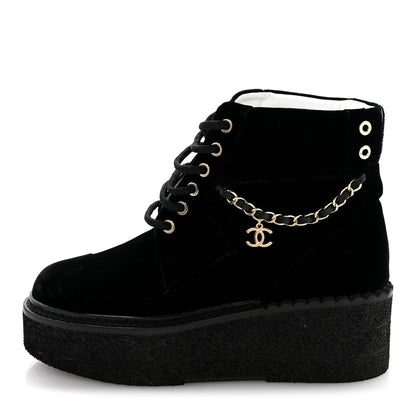 Chanel Velvet Chain Lace Up CC Short Boots 35.5 Black 1 of 10