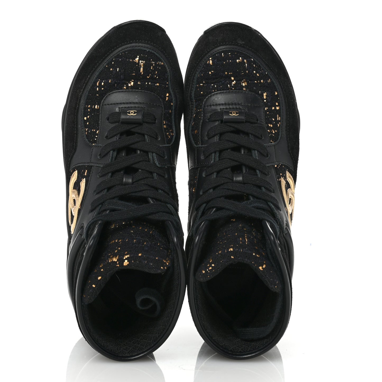 Velour Tweed CC High Top Sneakers 38 Black Gold