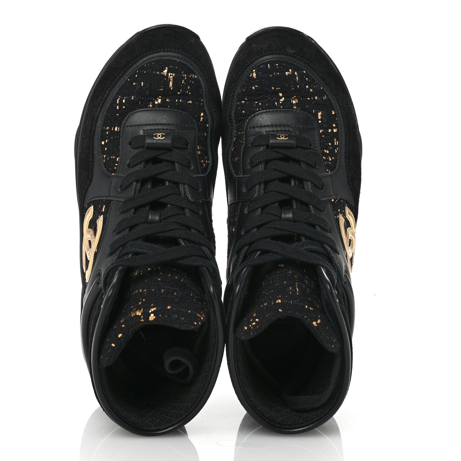 Chanel Velour Tweed CC High Top Sneakers 38 Black Gold 2 of 10