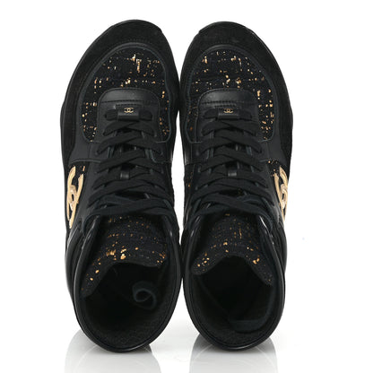 Chanel Velour Tweed CC High Top Sneakers 38 Black Gold 2 of 10