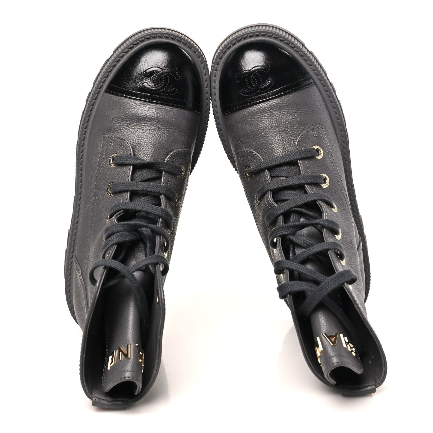 Grained Calfskin Shiny Calfskin CC Lace Up Combat Boots 39.5 Grey