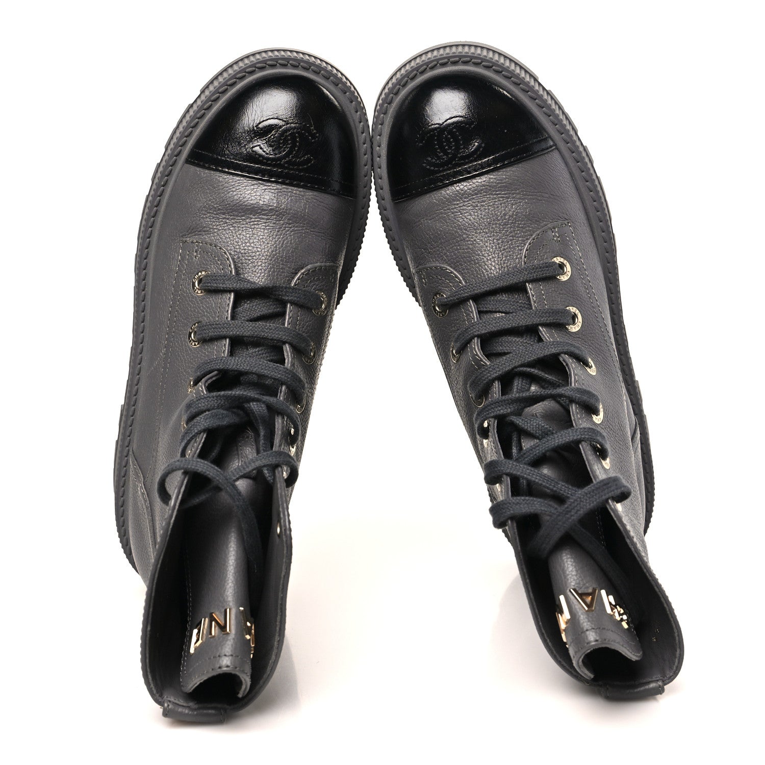 Chanel Grained Calfskin Shiny Calfskin CC Lace Up Combat Boots 39.5 Grey 6 of 10