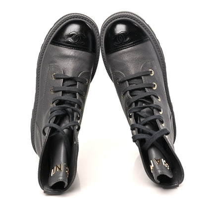 Chanel Grained Calfskin Shiny Calfskin CC Lace Up Combat Boots 39.5 Grey 6 of 10