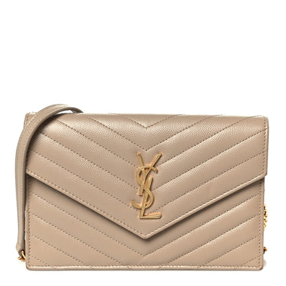 Saint Laurent Grain De Poudre Matelasse Chevron Monogram Envelope Chain Wallet Dark Beige 1 of 10
