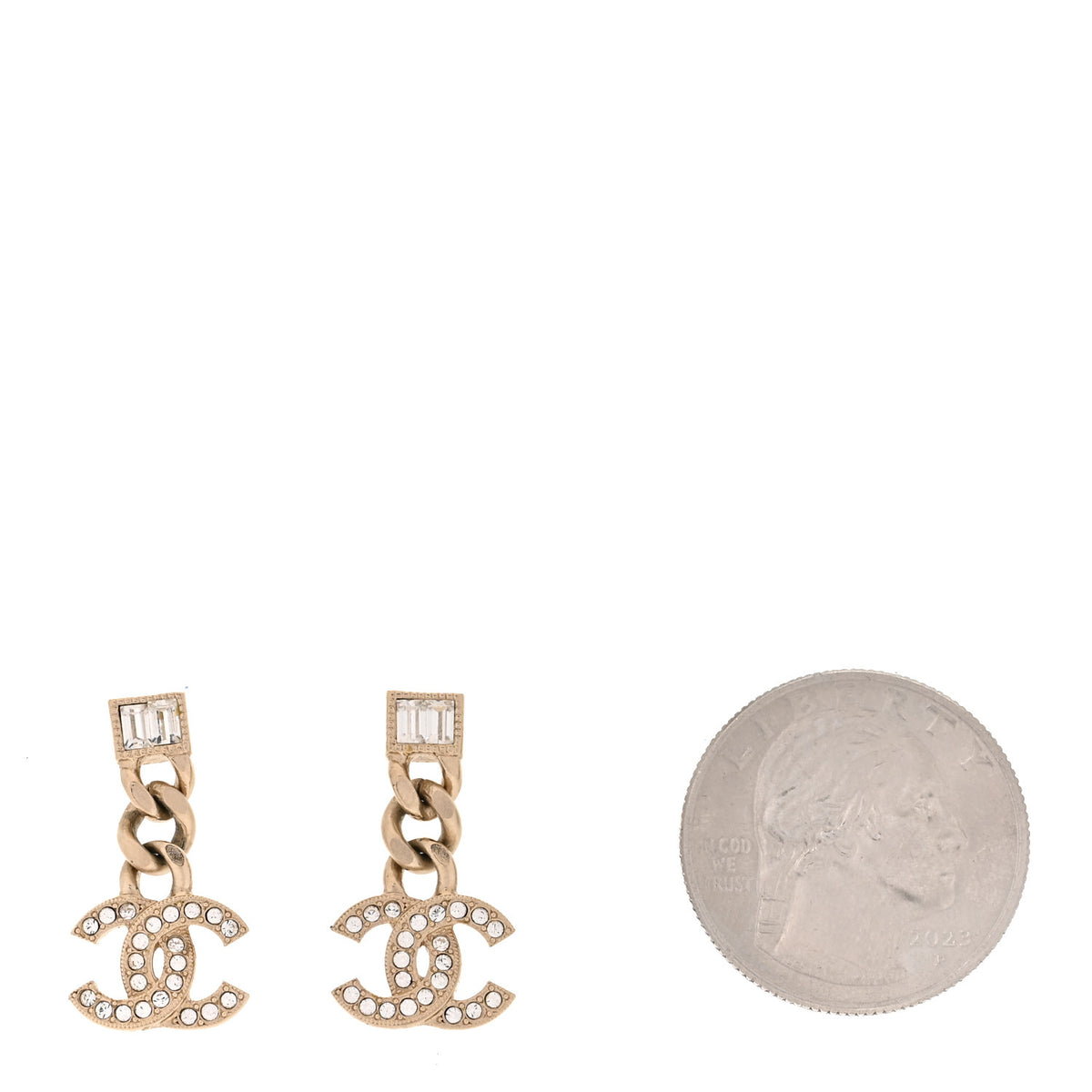 Chanel Metal Crystal Baguette CC Chain Drop Earrings Gold 2 of 5