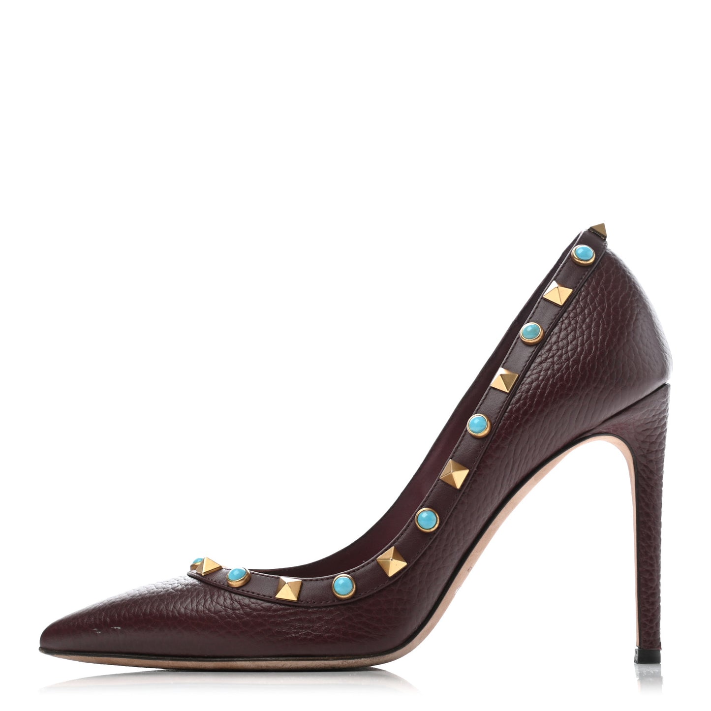 Pebbled Calfskin Rockstud Rolling 100mm Pumps 36 Rubin