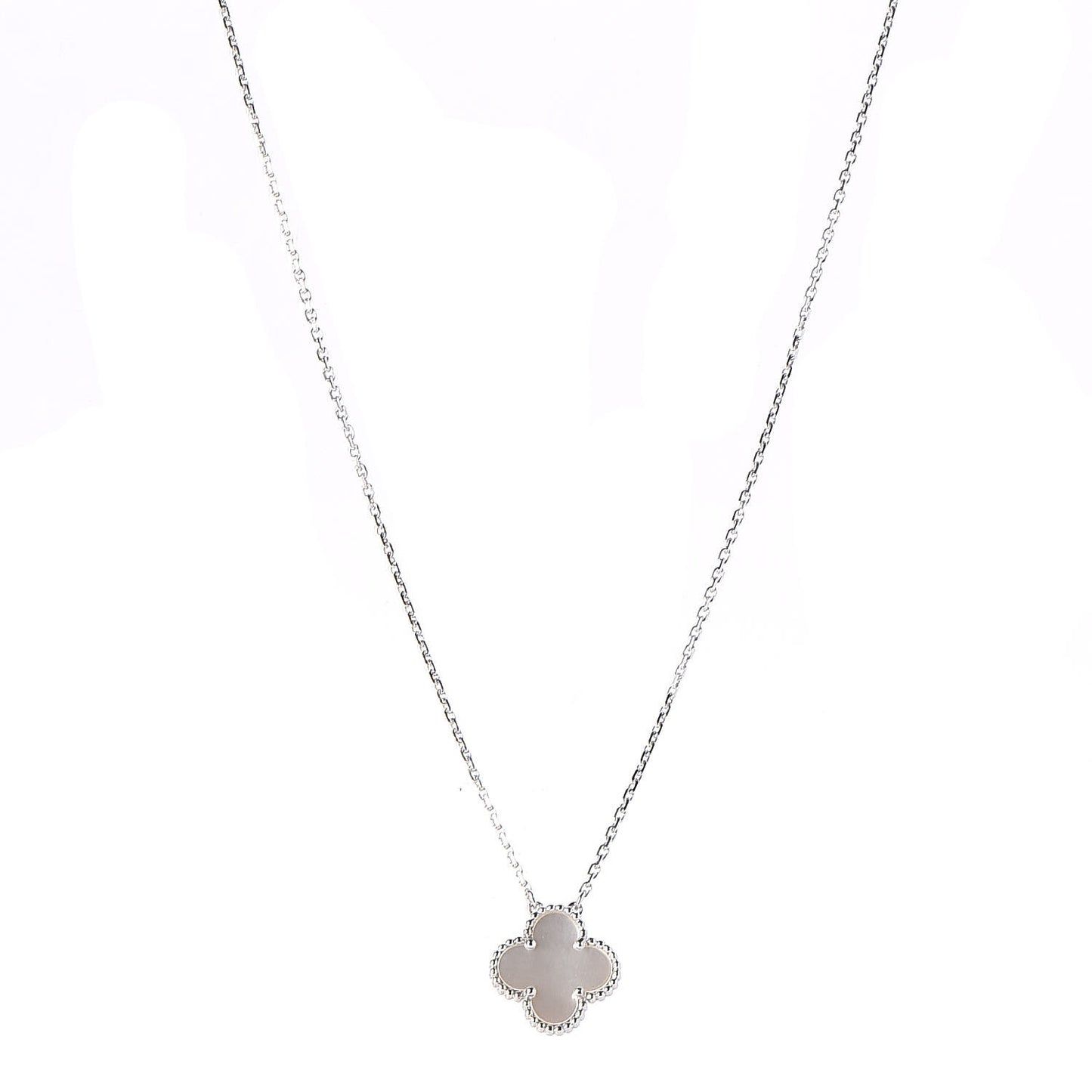 18K White Gold Mother of Pearl Vintage Alhambra Pendant Necklace