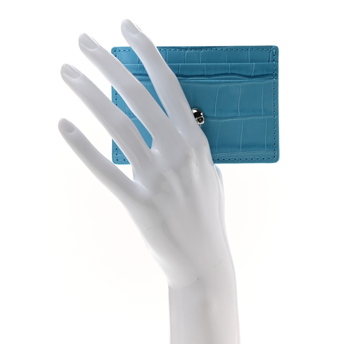 Calfskin Crocodile Embossed Skull Card Holder Cerulean