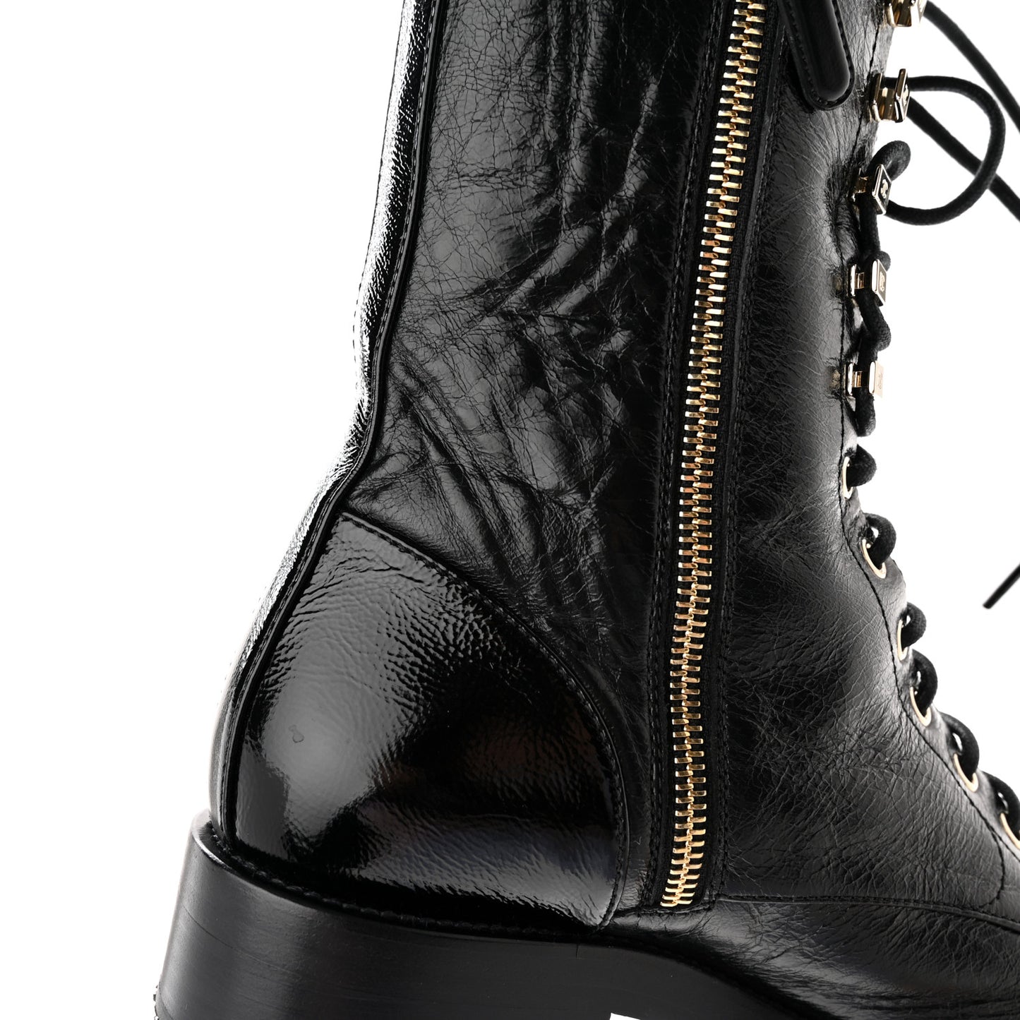 Crumpled Calfskin Patent Cap Toe Lace Up Combat Boots 38 Black