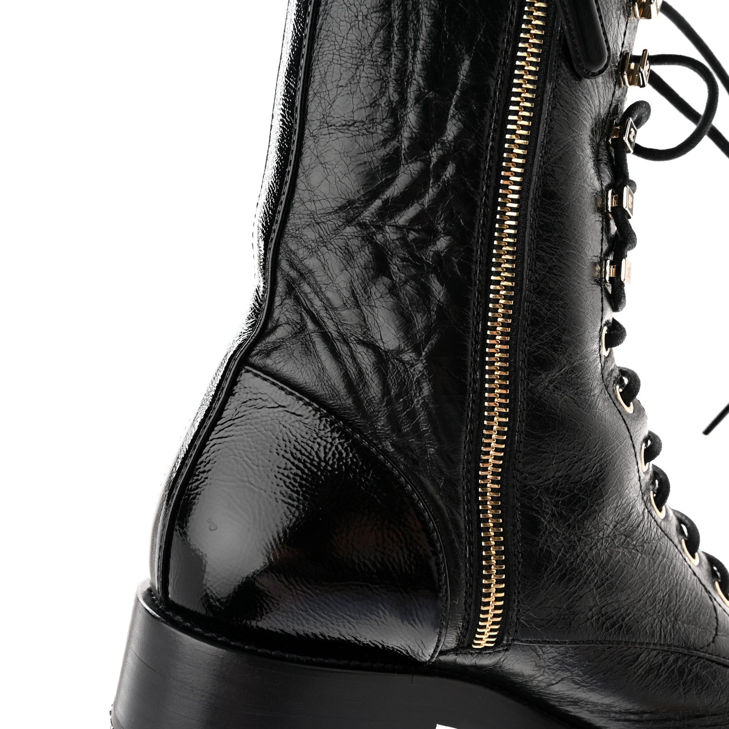 Chanel Crumpled Calfskin Patent Cap Toe Lace Up Combat Boots 38 Black 11 of 12