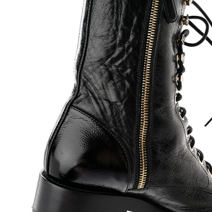 Chanel Crumpled Calfskin Patent Cap Toe Lace Up Combat Boots 38 Black 11 of 12