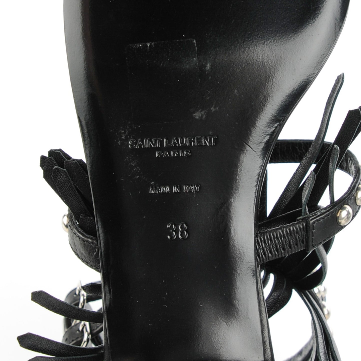 Calfskin Studded Fringe Cyuko Sandals 38 Black