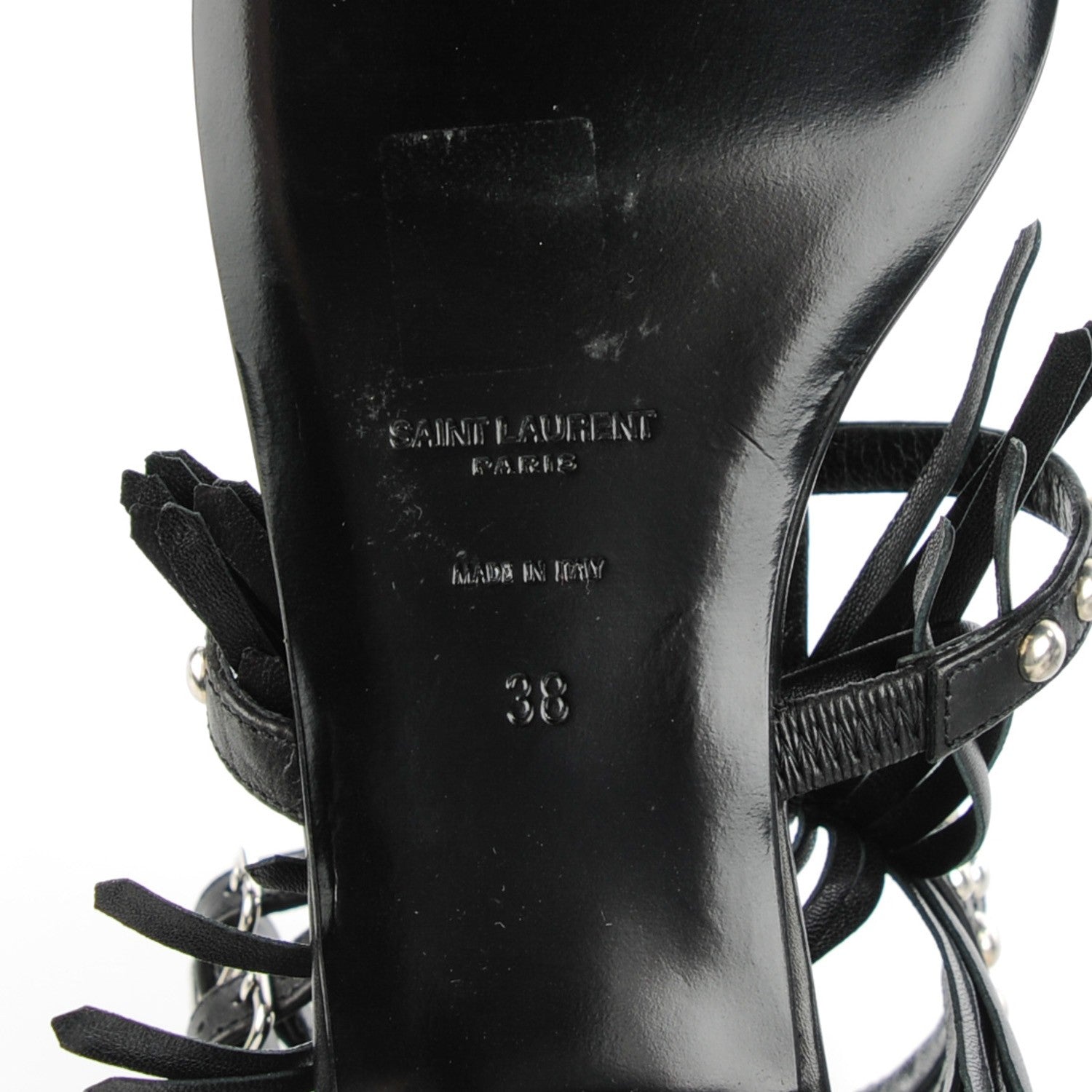 Saint Laurent Calfskin Studded Fringe Cyuko Sandals 38 Black 8 of 8