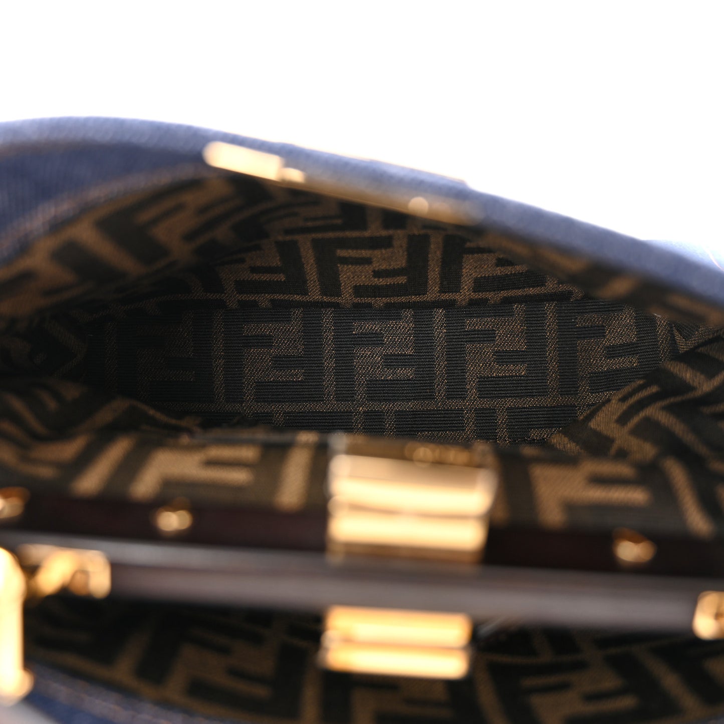 Denim Fabric Jacquard Cuoio FF 1974 Mini Peekaboo Iconic Satchel Blue Tobacco Moro