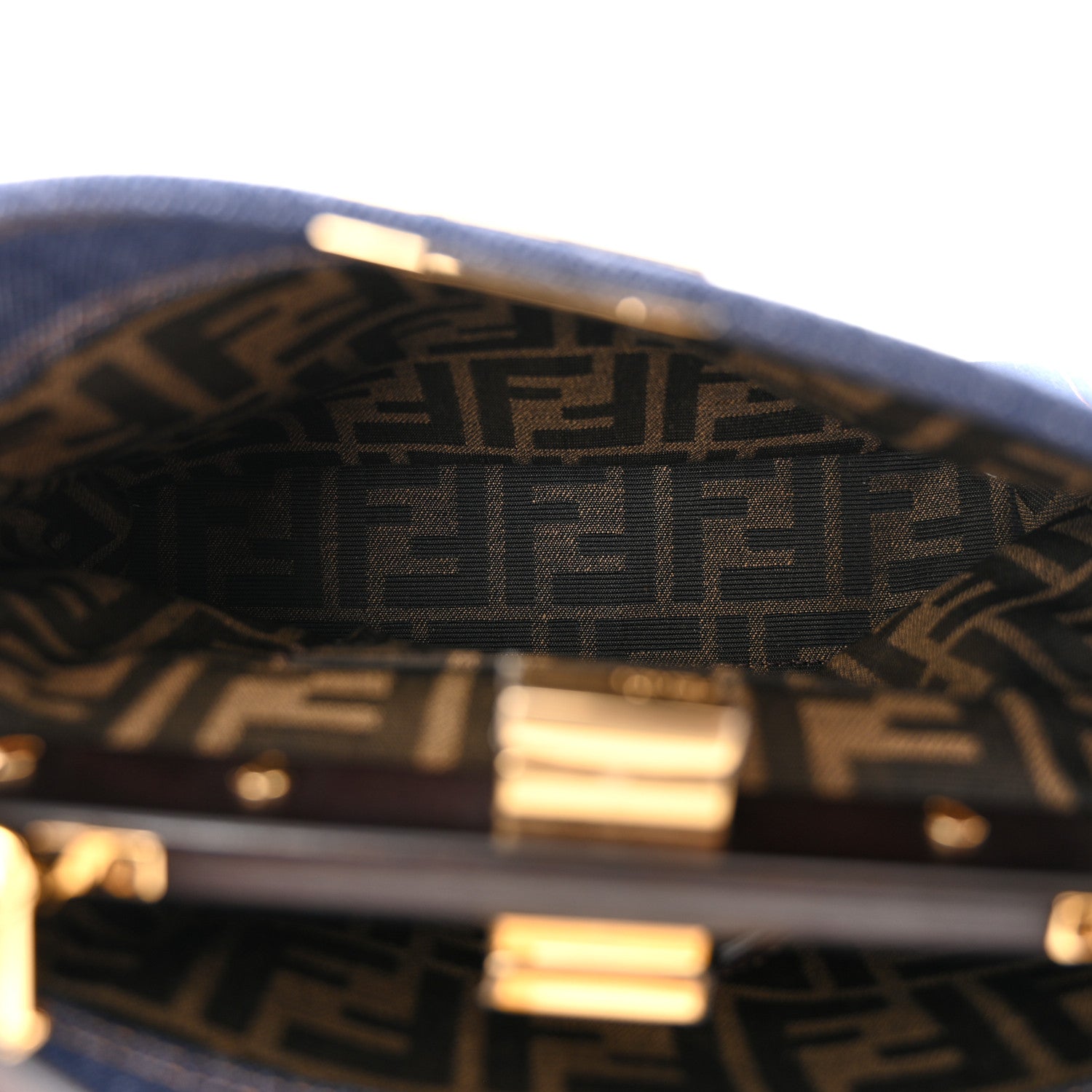 Fendi Denim Fabric Jacquard Cuoio FF 1974 Mini Peekaboo Iconic Satchel Blue Tobacco Moro 5 of 12