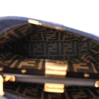 Fendi Denim Fabric Jacquard Cuoio FF 1974 Mini Peekaboo Iconic Satchel Blue Tobacco Moro 5 of 12